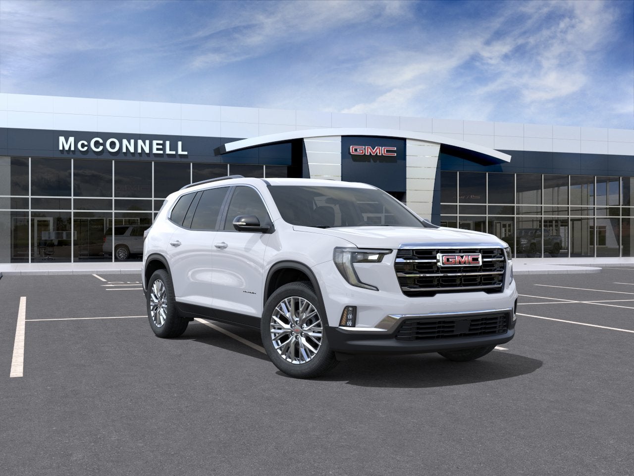 2026 GMC Acadia Elevation in Summit White — front three-quarter view