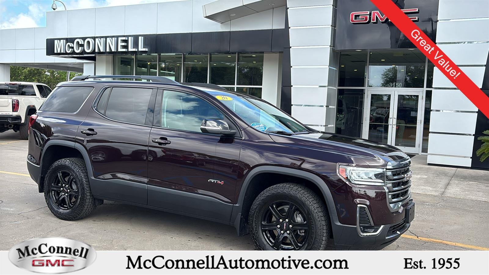2020 GMC Acadia AT4 in Red Mahogany Metallic — front three-quarter view